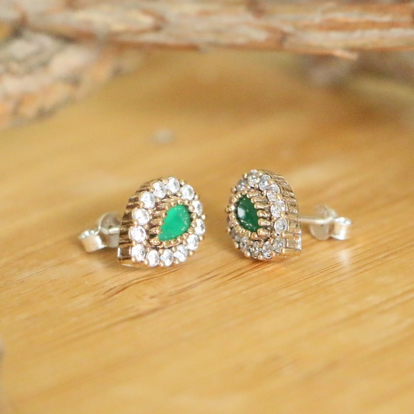 Sterling Silver Green jade & White CZ Stoness - Picture 6 of 8